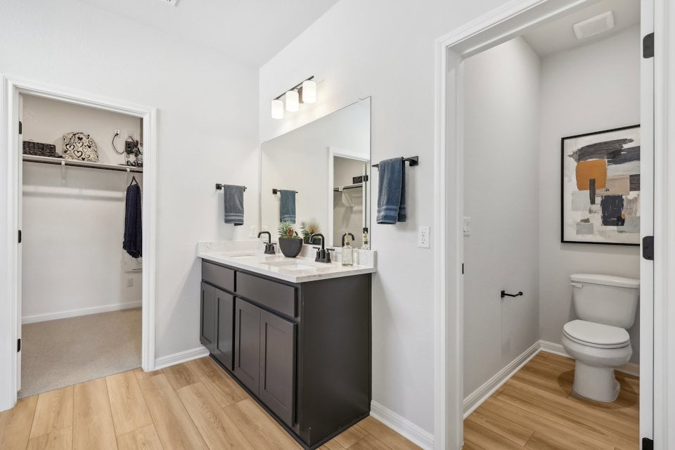 A bathroom with a toilet and sink.