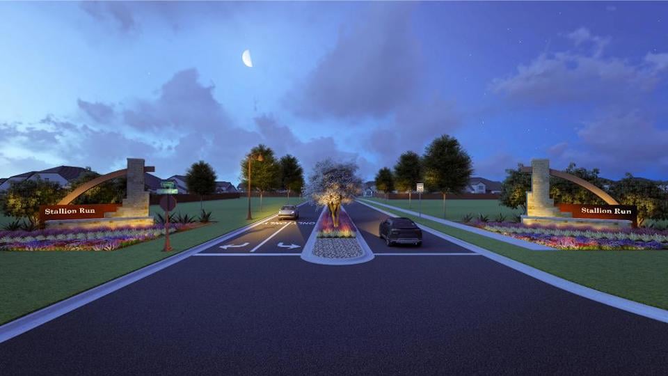 Rendering of entry monument for Stallion Run in Buda by Century Communities