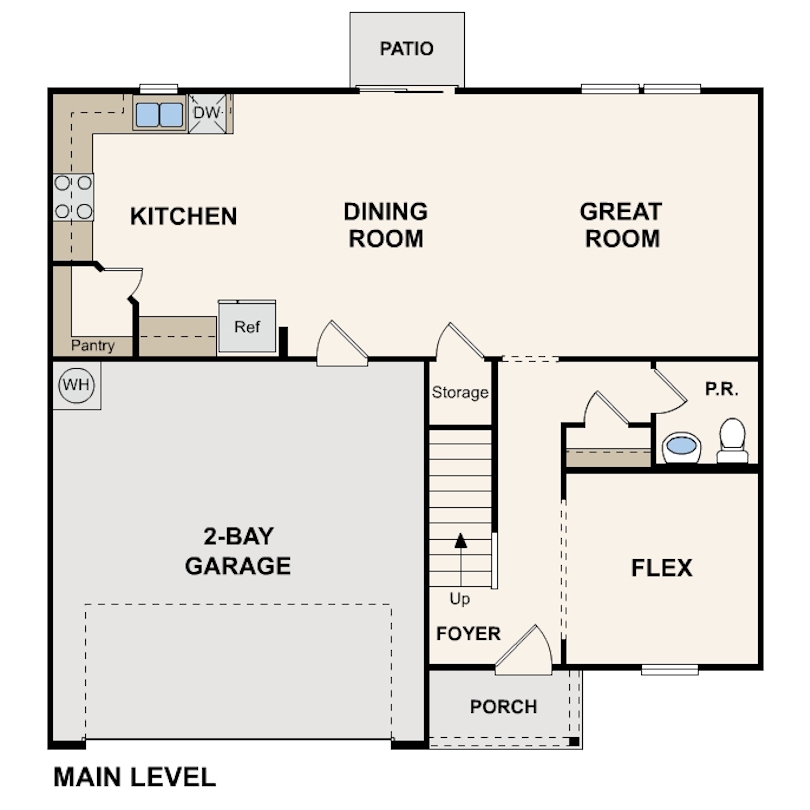 Great room, with dining room, kitchen, flex space, two bay garage, with stairs leading you to the second floor