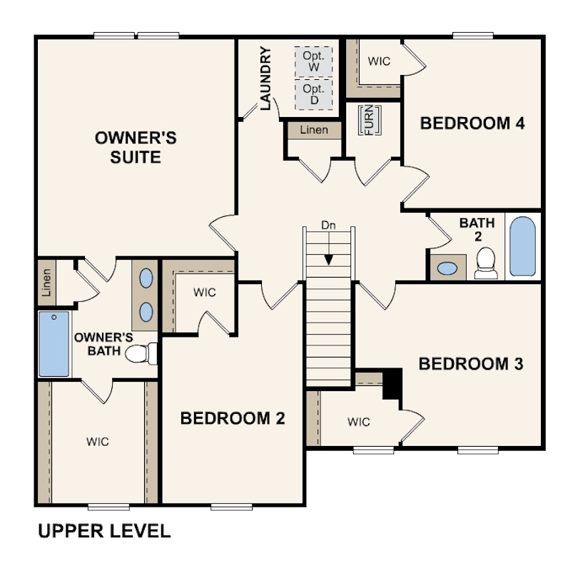 Owners suite, three bedrooms, laundry space, and staircase