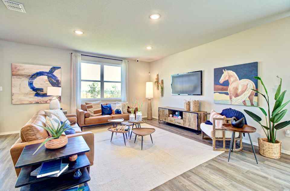 Santiago model great room from Blue Ridge Ranch in San Antonio by Century Communities