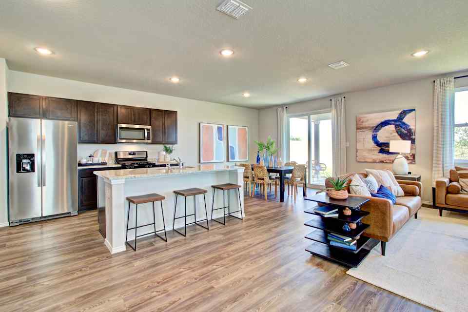 Santiago model great room and kitchen from Blue Ridge Ranch in San Antonio by Century Communities